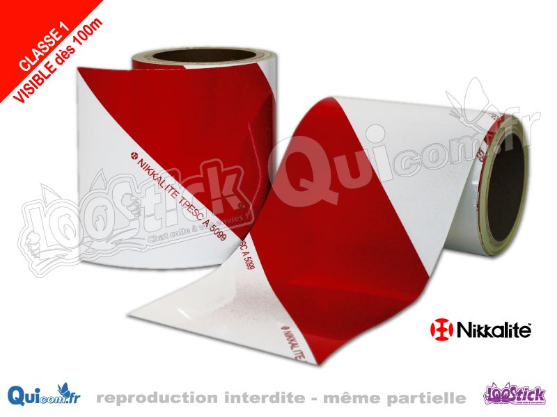 Bandes Balisage CLASSE 1 adhésif réfléchissant Rouge/Blanc 14cm - QUICOM 