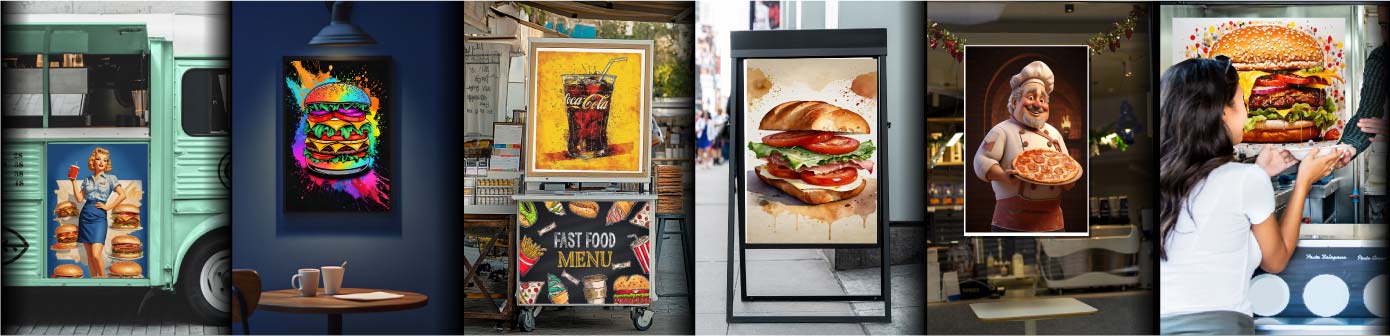 PLV sticker restaurant food truck hamburger hot dog boissons poulet roti hamburger
